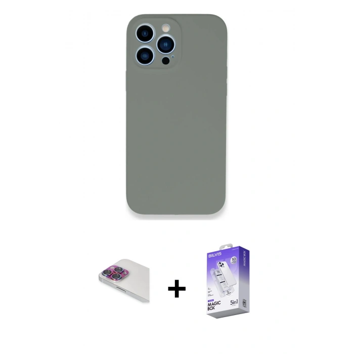 MARSİLYAN™- iPhone 13 Pro Max Kılıf Zirve Modern Özel Seri - Siyah Bilvis 5in1 3D Magic Cam Ekran Koruyucu + Pers Alüminyum Kamera Lens - GI