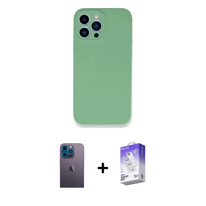 MARSİLYAN™- iPhone 13 Pro Max Kılıf Zirve Modern Özel Seri - Siyah Bilvis 5in1 3D Magic Cam Ekran Koruyucu + Neon Fosforlu Kamera Lens - MI