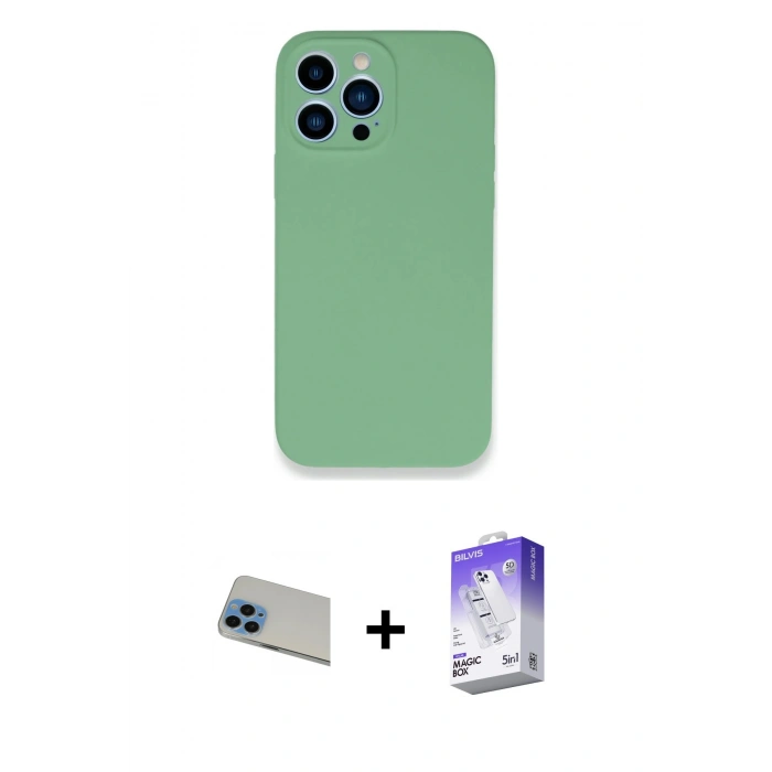 MARSİLYAN™- iPhone 13 Pro Max Kılıf Zirve Modern Özel Seri - Siyah Bilvis 5in1 3D Magic Cam Ekran Koruyucu + Mavi Rainbow Kamera Lens Koruma Cam