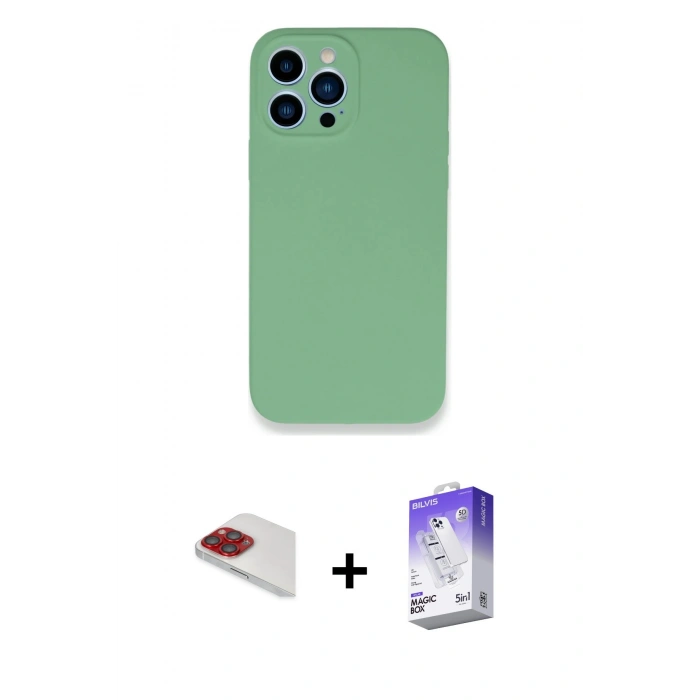 MARSİLYAN™- iPhone 13 Pro Max Kılıf Zirve Modern Özel Seri - Siyah Bilvis 5in1 3D Magic Cam Ekran Koruyucu + Kırmızı Pers Alüminyum Kamera Lens