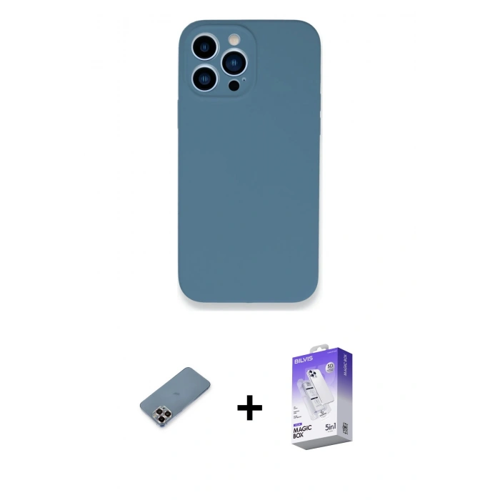 MARSİLYAN™- iPhone 13 Pro Max Kılıf Zirve Modern Özel Seri - Siyah Bilvis 5in1 3D Magic Cam Ekran Koruyucu + Mor Metal Kamera Lens Koruma Cam