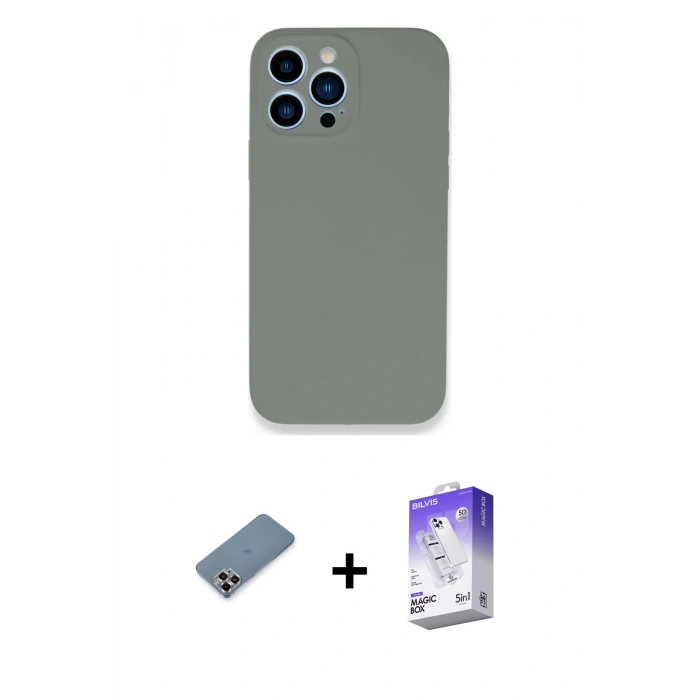 MARSİLYAN™- iPhone 13 Pro Max Kılıf Zirve Modern Özel Seri - Siyah Bilvis 5in1 3D Magic Cam Ekran Koruyucu + Mor Metal Kamera Lens Koruma Cam