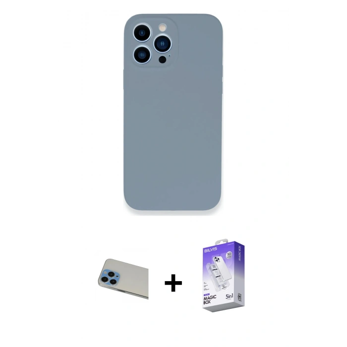 MARSİLYAN™- iPhone 13 Pro Max Kılıf Zirve Modern Özel Seri - Siyah Bilvis 5in1 3D Magic Cam Ekran Koruyucu + Mavi Rainbow Kamera Lens Koruma Cam