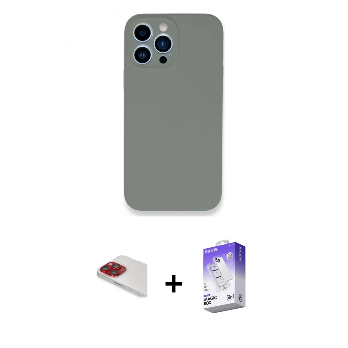 MARSİLYAN™- iPhone 13 Pro Max Kılıf Zirve Modern Özel Seri - Siyah Bilvis 5in1 3D Magic Cam Ekran Koruyucu + Pers Alüminyum Kamera Lens - KI