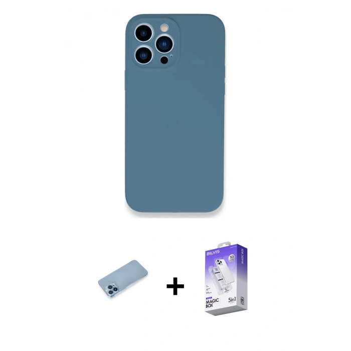 MARSİLYAN™- iPhone 13 Pro Max Kılıf Zirve Modern Özel Seri - Siyah Bilvis 5in1 3D Magic Cam Ekran Koruyucu + Mavi Shine Kamera Lens Koruma Cam