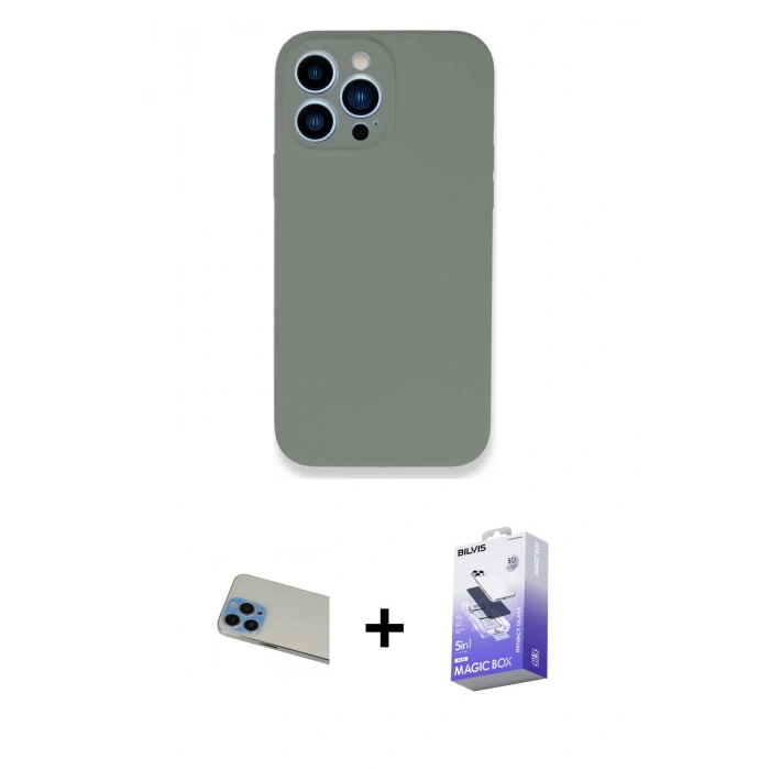 MARSİLYAN™- iPhone 13 Pro Max Kılıf Zirve Modern Özel Seri - Siyah Bilvis 5in1 5D Magic Hayalet Cam Ekran Koruyucu + Rainbow Kamera Lens Koruma Cam - MI