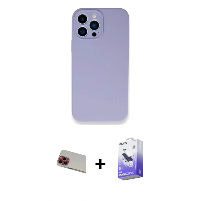 MARSİLYAN™- iPhone 13 Pro Max Kılıf Zirve Modern Özel Seri - Siyah Bilvis 5in1 5D Magic Hayalet Cam Ekran Koruyucu + Kırmızı Rainbow Kamera Lens Koruma Cam