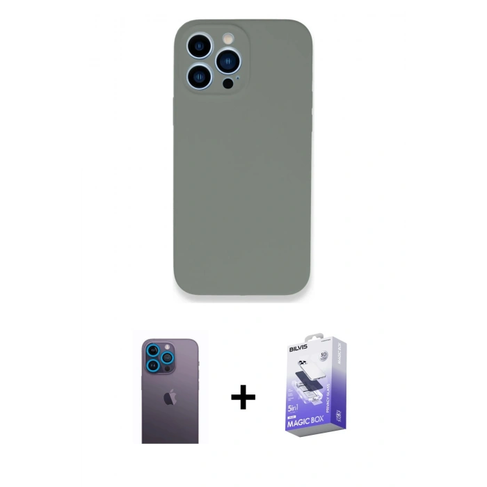 MARSİLYAN™- iPhone 13 Pro Max Kılıf Zirve Modern Özel Seri - Siyah Bilvis 5in1 5D Magic Hayalet Cam Ekran Koruyucu + Neon Fosforlu Kamera Lens - MI