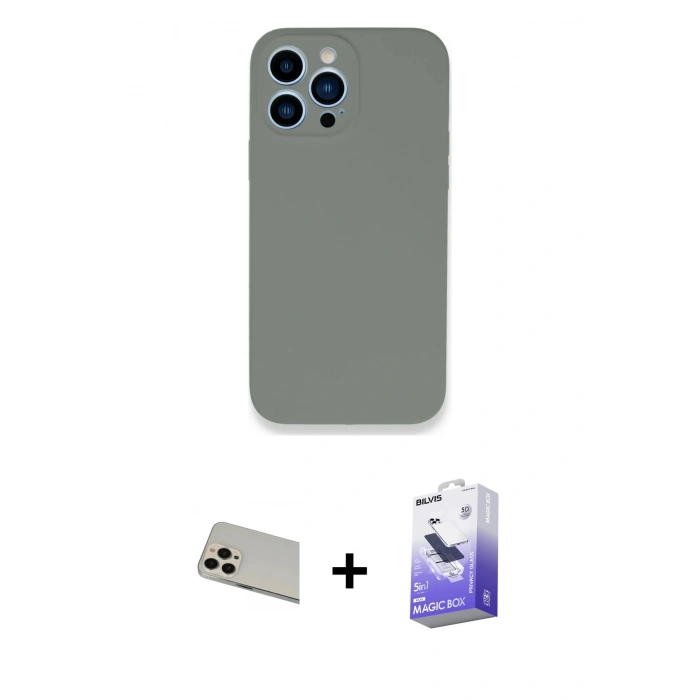 MARSİLYAN™- iPhone 13 Pro Max Kılıf Zirve Modern Özel Seri - Siyah Bilvis 5in1 5D Magic Hayalet Cam Ekran Koruyucu + Rose Gold Rainbow Kamera Lens Koruma Cam
