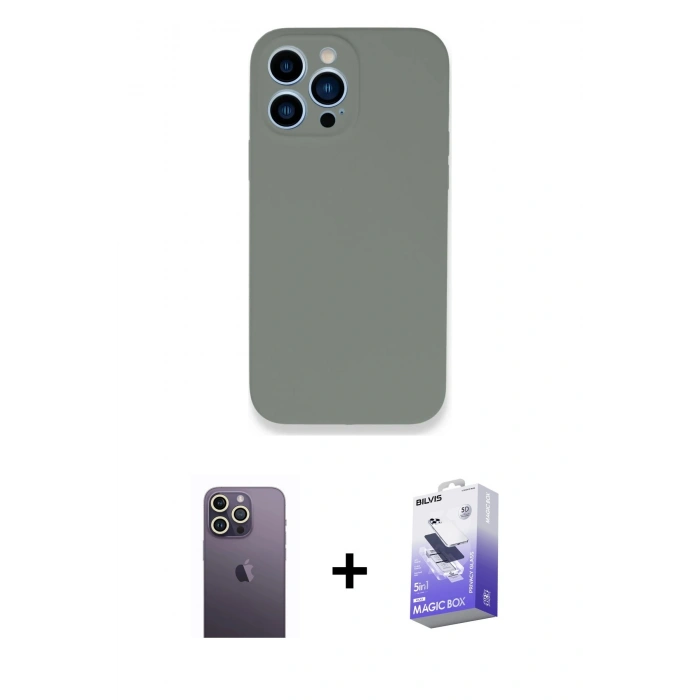 MARSİLYAN™- iPhone 13 Pro Max Kılıf Zirve Modern Özel Seri - Siyah Bilvis 5in1 5D Magic Hayalet Cam Ekran Koruyucu + Neon Fosforlu Kamera Lens - BZ