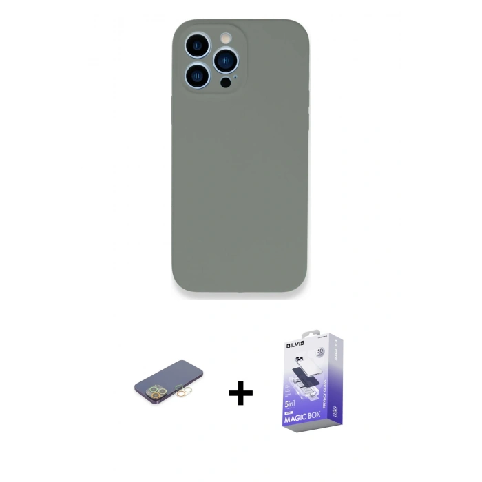 MARSİLYAN™- iPhone 13 Pro Max Kılıf Zirve Modern Özel Seri - Siyah Bilvis 5in1 5D Magic Hayalet Cam Ekran Koruyucu + Sarı Renkli Kamera Lens Koruma Cam