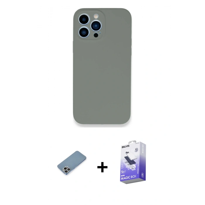MARSİLYAN™- iPhone 13 Pro Max Kılıf Zirve Modern Özel Seri - Siyah Bilvis 5in1 5D Magic Hayalet Cam Ekran Koruyucu + Shine Kamera Lens Koruma Cam - GI
