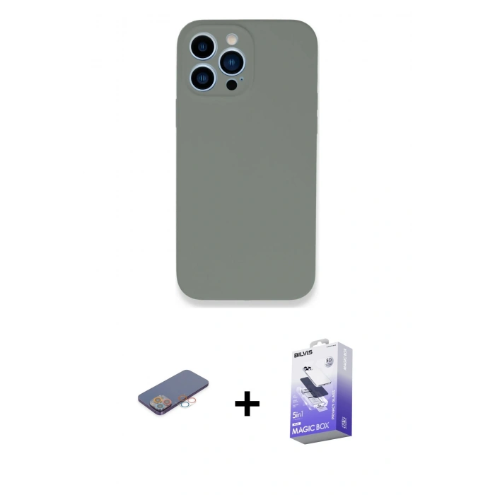 MARSİLYAN™- iPhone 13 Pro Max Kılıf Zirve Modern Özel Seri - Siyah Bilvis 5in1 5D Magic Hayalet Cam Ekran Koruyucu + Renkli Kamera Lens Koruma Cam - PE