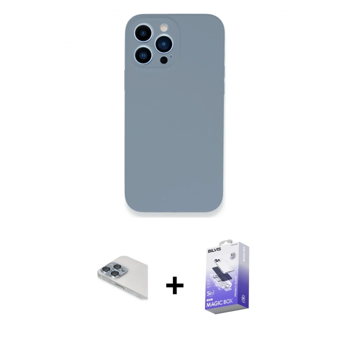 MARSİLYAN™- iPhone 13 Pro Max Kılıf Zirve Modern Özel Seri - Siyah Bilvis 5in1 5D Magic Hayalet Cam Ekran Koruyucu + Sierra Blue Pers Alüminyum Kamera Lens