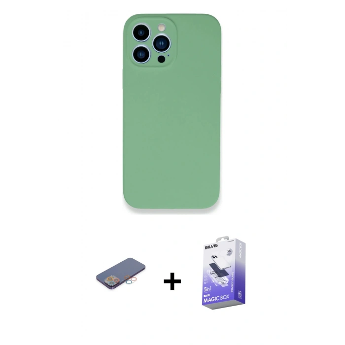 MARSİLYAN™- iPhone 13 Pro Max Kılıf Zirve Modern Özel Seri - Siyah Bilvis 5in1 5D Magic Hayalet Cam Ekran Koruyucu + Renkli Kamera Lens Koruma Cam - PE