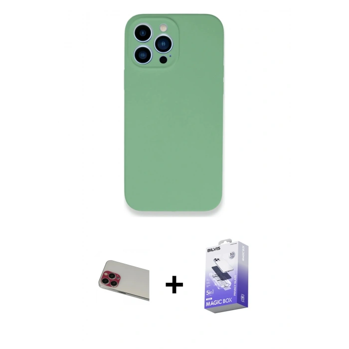 MARSİLYAN™- iPhone 13 Pro Max Kılıf Zirve Modern Özel Seri - Siyah Bilvis 5in1 5D Magic Hayalet Cam Ekran Koruyucu + Kırmızı Rainbow Kamera Lens Koruma Cam