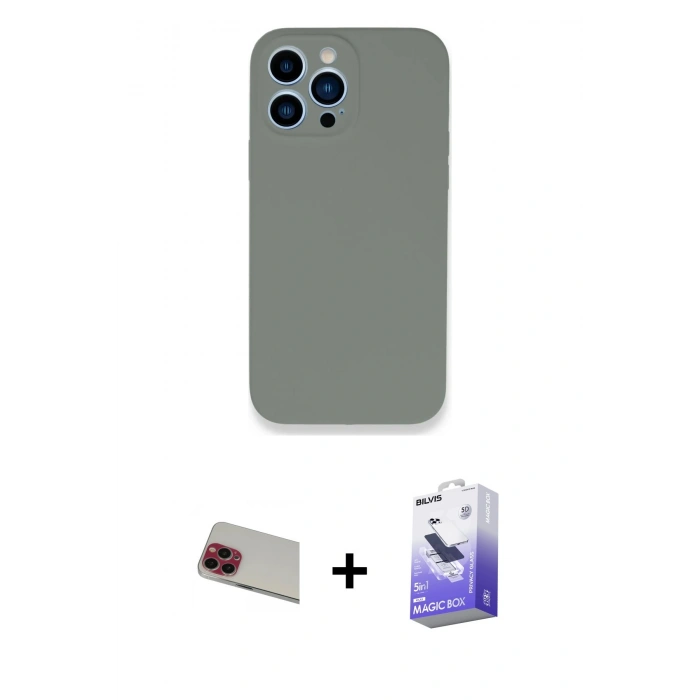 MARSİLYAN™- iPhone 13 Pro Max Kılıf Zirve Modern Özel Seri - Siyah Bilvis 5in1 5D Magic Hayalet Cam Ekran Koruyucu + Kırmızı Rainbow Kamera Lens Koruma Cam