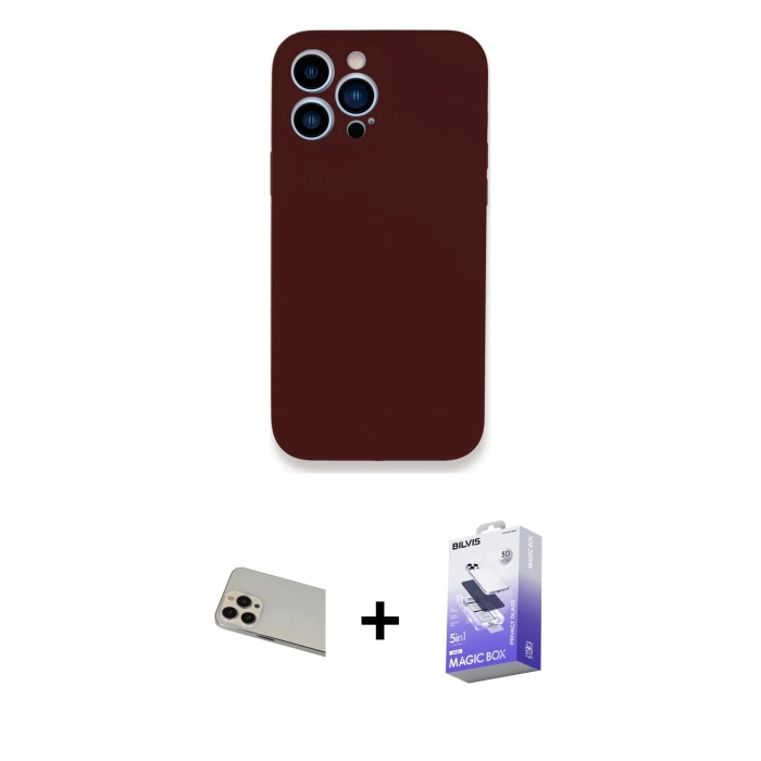 MARSİLYAN™- iPhone 13 Pro Max Kılıf Zirve Modern Özel Seri - Siyah Bilvis 5in1 5D Magic Hayalet Cam Ekran Koruyucu + Rose Gold Rainbow Kamera Lens Koruma Cam