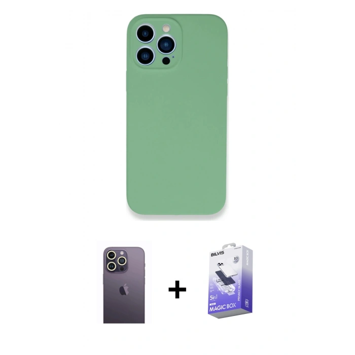 MARSİLYAN™- iPhone 13 Pro Max Kılıf Zirve Modern Özel Seri - Siyah Bilvis 5in1 5D Magic Hayalet Cam Ekran Koruyucu + Neon Fosforlu Kamera Lens - BZ