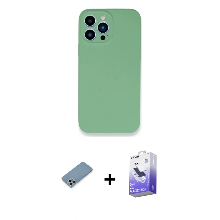 MARSİLYAN™- iPhone 13 Pro Max Kılıf Zirve Modern Özel Seri - Siyah Bilvis 5in1 5D Magic Hayalet Cam Ekran Koruyucu + Shine Kamera Lens Koruma Cam - GI