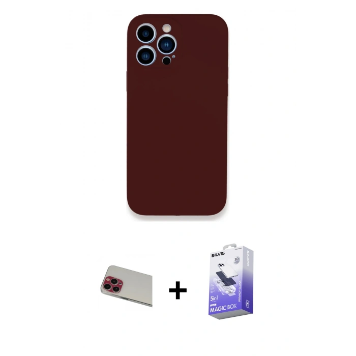 MARSİLYAN™- iPhone 13 Pro Max Kılıf Zirve Modern Özel Seri - Siyah Bilvis 5in1 5D Magic Hayalet Cam Ekran Koruyucu + Kırmızı Rainbow Kamera Lens Koruma Cam