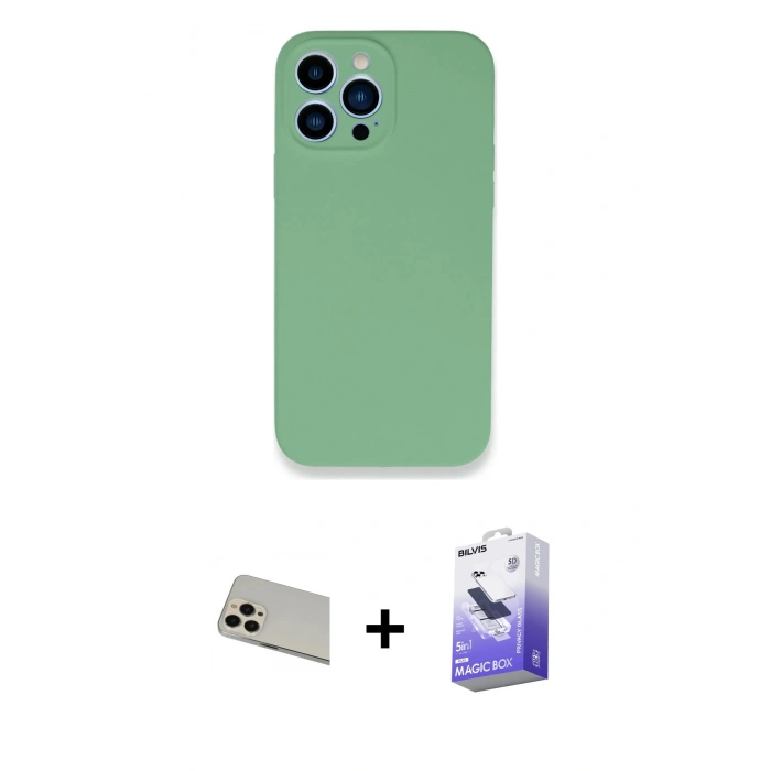 MARSİLYAN™- iPhone 13 Pro Max Kılıf Zirve Modern Özel Seri - Siyah Bilvis 5in1 5D Magic Hayalet Cam Ekran Koruyucu + Rose Gold Rainbow Kamera Lens Koruma Cam