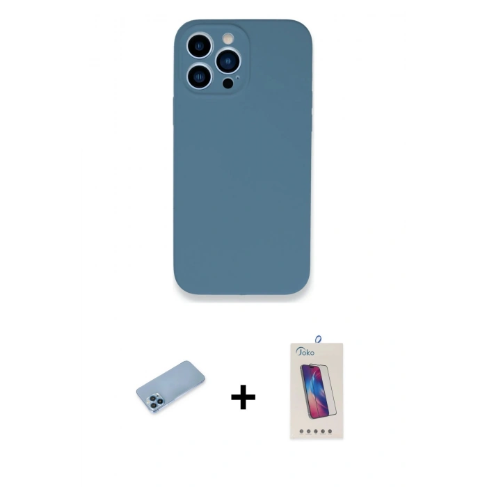 MARSİLYAN™- iPhone 13 Pro Max Kılıf Zirve Modern Özel Seri - Siyah Joko 5D Cam + Mavi Shine Kamera Lens Koruma Cam