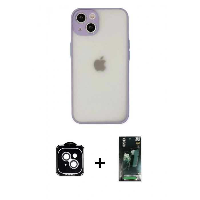 MARSİLYAN™- iPhone 14 Kılıf Ahenk Çizgi Serisi - Şeffaf 360 Full Body Arka Koruyucu + PVD Metal Kamera Lens - GS