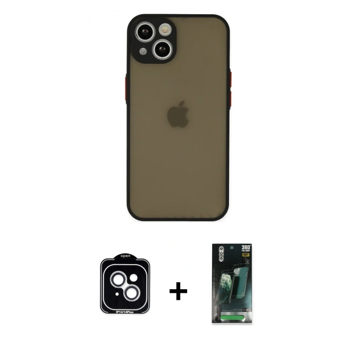 MARSİLYAN™- iPhone 14 Kılıf Ahenk Çizgi Serisi - Şeffaf 360 Full Body Arka Koruyucu + PVD Metal Kamera Lens - GS