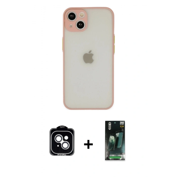 MARSİLYAN™- iPhone 14 Kılıf Ahenk Çizgi Serisi - Şeffaf 360 Full Body Arka Koruyucu + PVD Metal Kamera Lens - GS