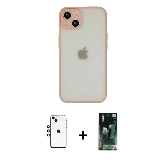 MARSİLYAN™- iPhone 14 Kılıf Ahenk Çizgi Serisi - Şeffaf 360 Full Body Arka Koruyucu + Shine Kamera Lens - GS