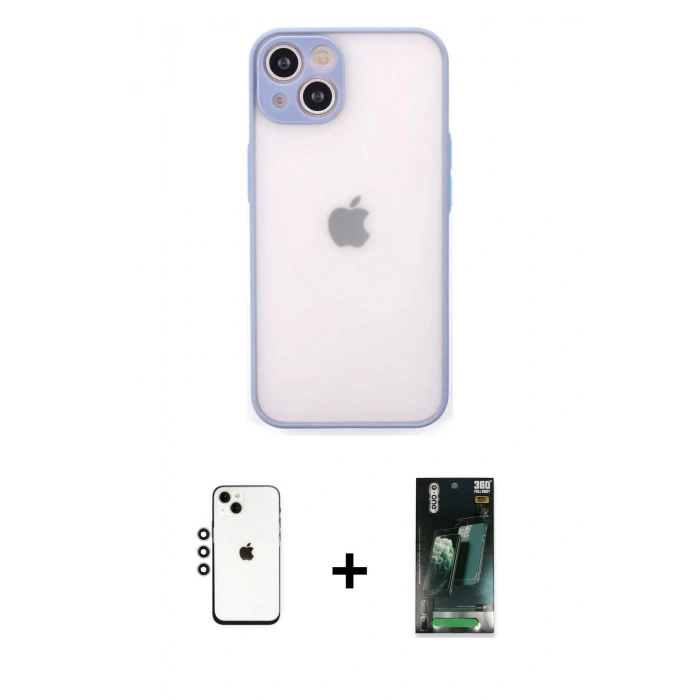 MARSİLYAN™- iPhone 14 Kılıf Ahenk Çizgi Serisi - Şeffaf 360 Full Body Arka Koruyucu + Shine Kamera Lens - GS