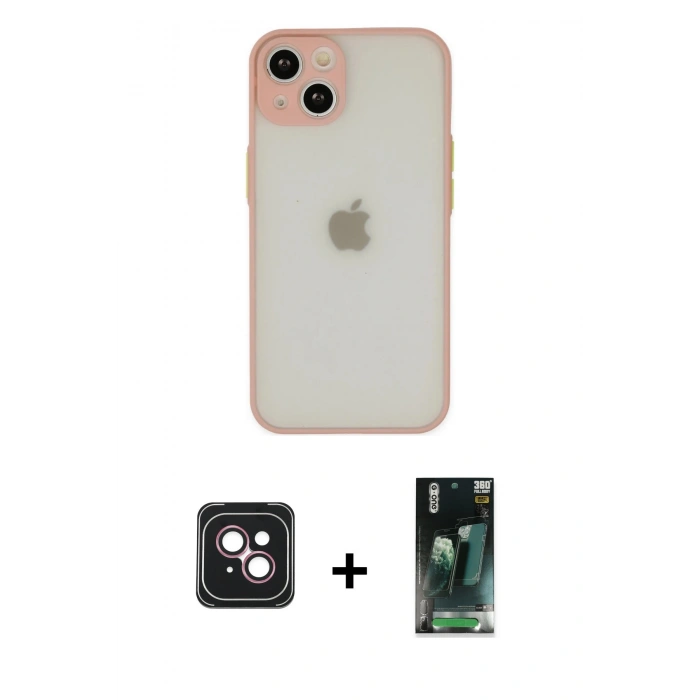 MARSİLYAN™- iPhone 14 Kılıf Ahenk Çizgi Serisi - Şeffaf 360 Full Body Arka Koruyucu + PVD Metal Kamera Lens - PE