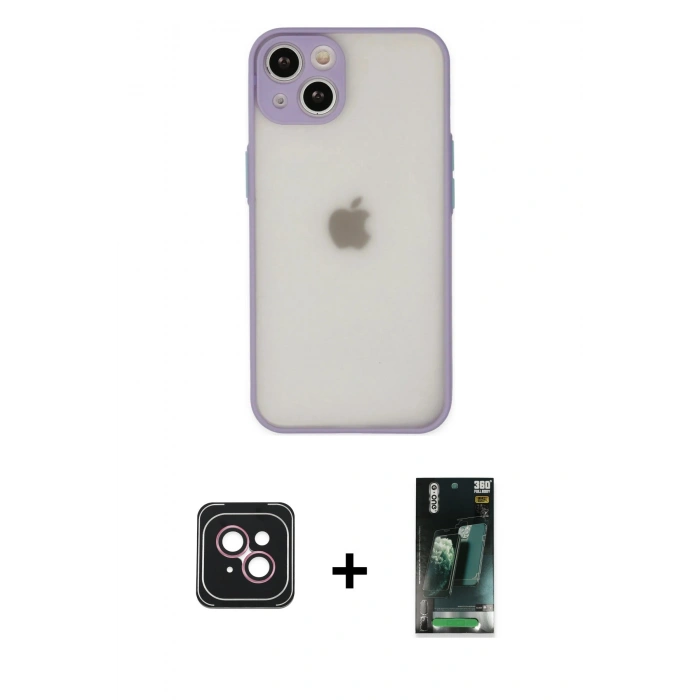 MARSİLYAN™- iPhone 14 Kılıf Ahenk Çizgi Serisi - Şeffaf 360 Full Body Arka Koruyucu + PVD Metal Kamera Lens - PE