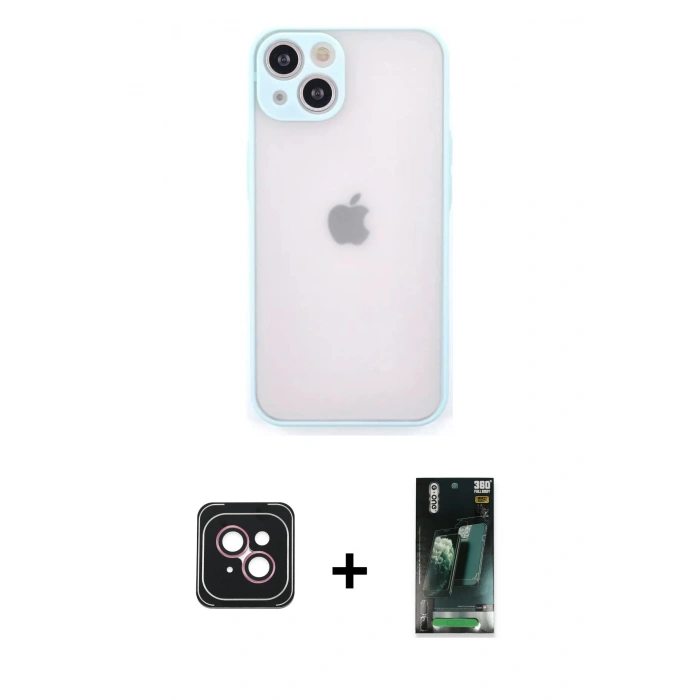 MARSİLYAN™- iPhone 14 Kılıf Ahenk Çizgi Serisi - Şeffaf 360 Full Body Arka Koruyucu + PVD Metal Kamera Lens - PE
