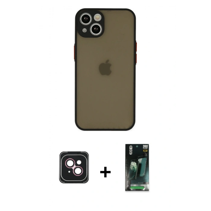MARSİLYAN™- iPhone 14 Kılıf Ahenk Çizgi Serisi - Şeffaf 360 Full Body Arka Koruyucu + PVD Metal Kamera Lens - PE