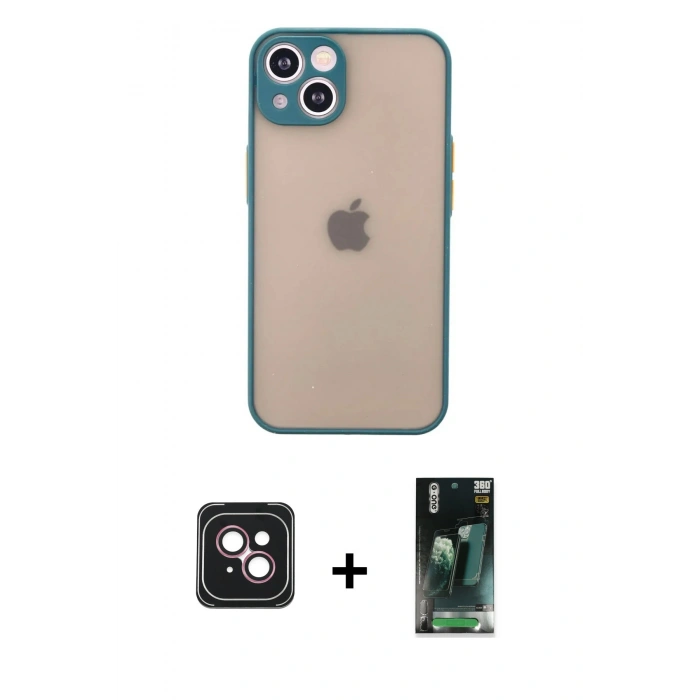 MARSİLYAN™- iPhone 14 Kılıf Ahenk Çizgi Serisi - Şeffaf 360 Full Body Arka Koruyucu + PVD Metal Kamera Lens - PE