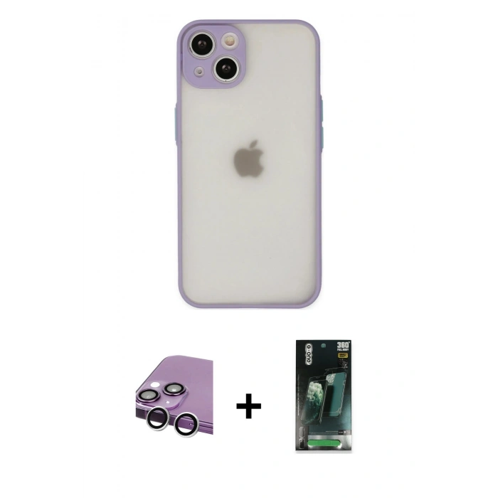 MARSİLYAN™- iPhone 14 Kılıf Ahenk Çizgi Serisi - Şeffaf 360 Full Body Arka Koruyucu + Raze Metal Kamera Lens - GS
