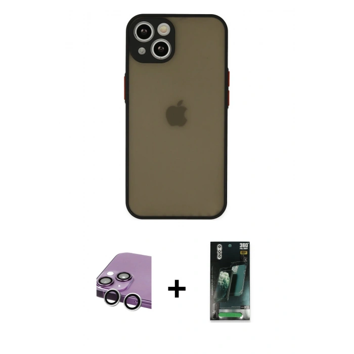 MARSİLYAN™- iPhone 14 Kılıf Ahenk Çizgi Serisi - Şeffaf 360 Full Body Arka Koruyucu + Raze Metal Kamera Lens - GS