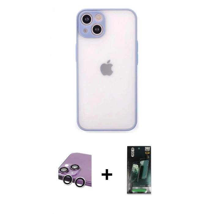 MARSİLYAN™- iPhone 14 Kılıf Ahenk Çizgi Serisi - Şeffaf 360 Full Body Arka Koruyucu + Raze Metal Kamera Lens - GS