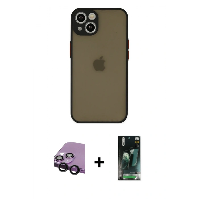MARSİLYAN™- iPhone 14 Kılıf Ahenk Çizgi Serisi - Şeffaf 360 Full Body Arka Koruyucu + Raze Metal Kamera Lens - SH