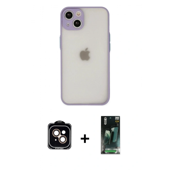 MARSİLYAN™- iPhone 14 Kılıf Ahenk Çizgi Serisi - Şeffaf 360 Full Body Arka Koruyucu + PVD Metal Kamera Lens - TU