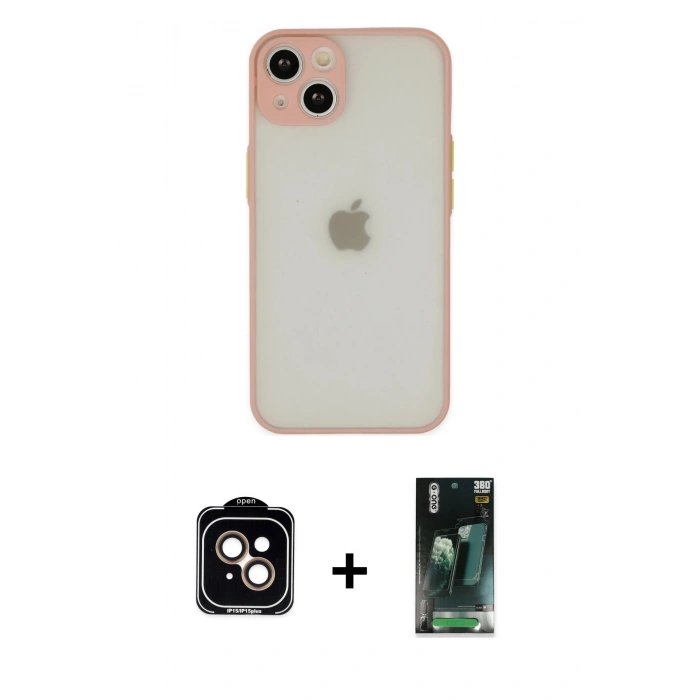 MARSİLYAN™- iPhone 14 Kılıf Ahenk Çizgi Serisi - Şeffaf 360 Full Body Arka Koruyucu + PVD Metal Kamera Lens - TU