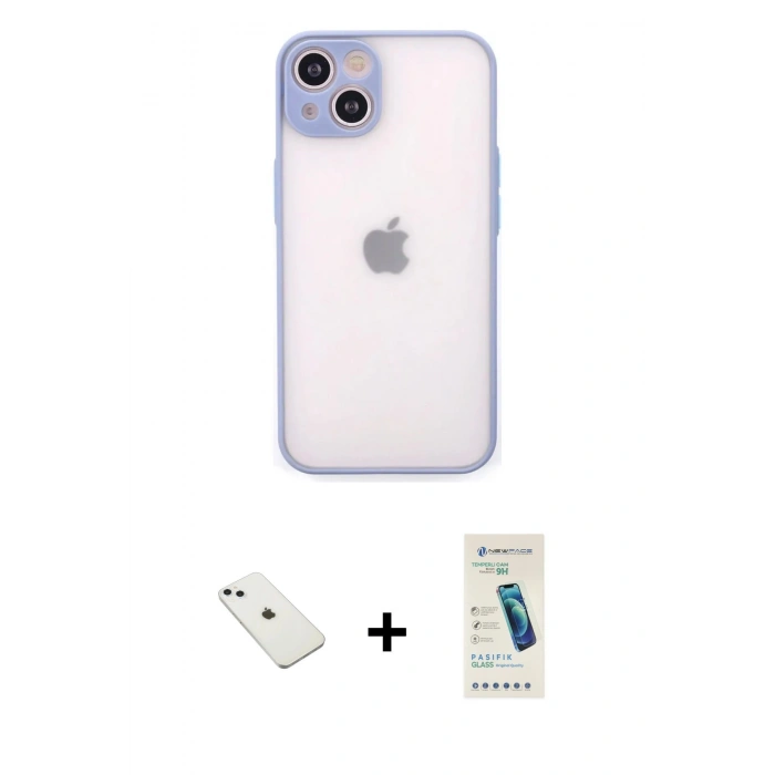 MARSİLYAN™- iPhone 14 Kılıf Ahenk Çizgi Serisi - Şeffaf Pasifik Cam Ekran Koruyucu + Diamond Kamera Lens - SABE