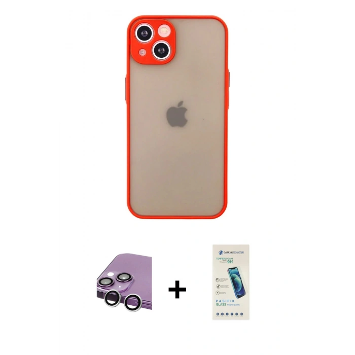 MARSİLYAN™- iPhone 14 Kılıf Ahenk Çizgi Serisi - Şeffaf Pasifik Cam Ekran Koruyucu + Raze Metal Kamera Lens - GS