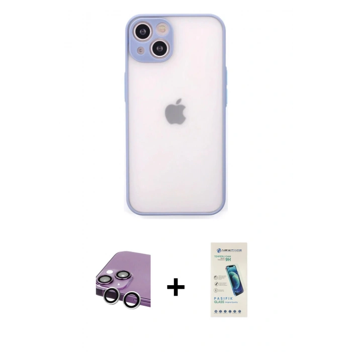 MARSİLYAN™- iPhone 14 Kılıf Ahenk Çizgi Serisi - Şeffaf Pasifik Cam Ekran Koruyucu + Raze Metal Kamera Lens - GS
