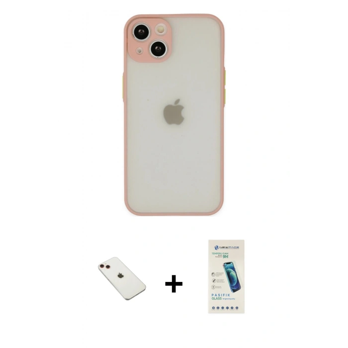 MARSİLYAN™- iPhone 14 Kılıf Ahenk Çizgi Serisi - Şeffaf Pasifik Cam Ekran Koruyucu + Diamond Kamera Lens - KI