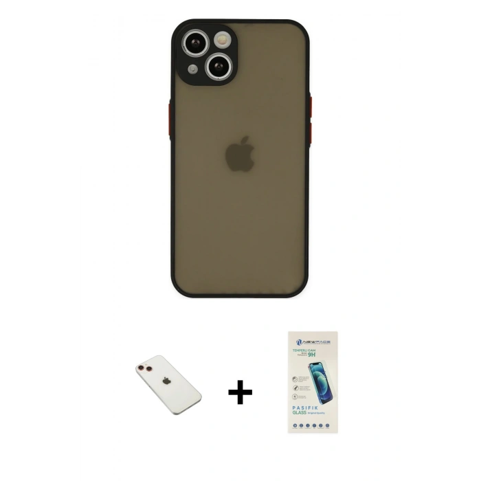 MARSİLYAN™- iPhone 14 Kılıf Ahenk Çizgi Serisi - Şeffaf Pasifik Cam Ekran Koruyucu + Diamond Kamera Lens - KI