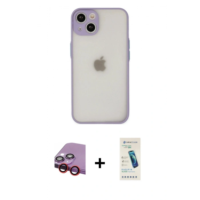 MARSİLYAN™- iPhone 14 Kılıf Ahenk Çizgi Serisi - Şeffaf Pasifik Cam Ekran Koruyucu + Raze Metal Kamera Lens - KI
