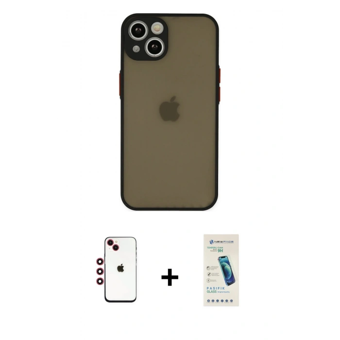 MARSİLYAN™- iPhone 14 Kılıf Ahenk Çizgi Serisi - Şeffaf Pasifik Cam Ekran Koruyucu + Shine Kamera Lens - KI